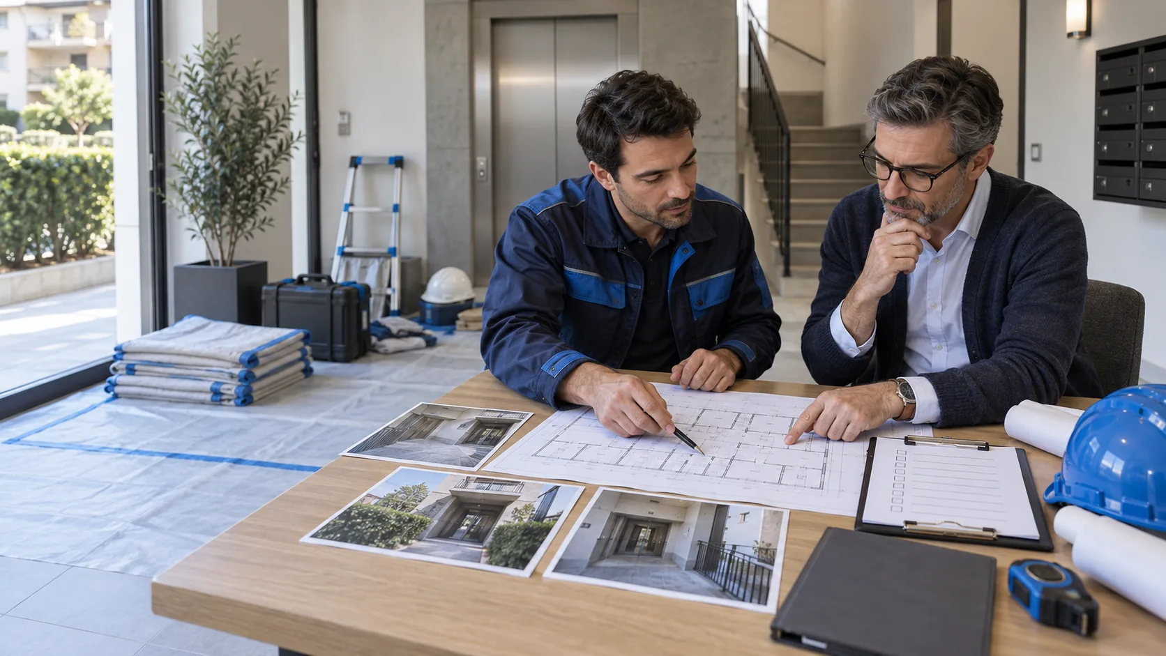 Tecnico e amministratore preparano l'organizzazione di un cantiere condominiale